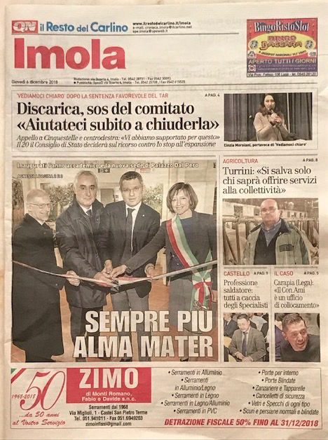 Prima pagina del Resto del Carlino Imola sull'inaugurazione di Palazzo Dal Pero